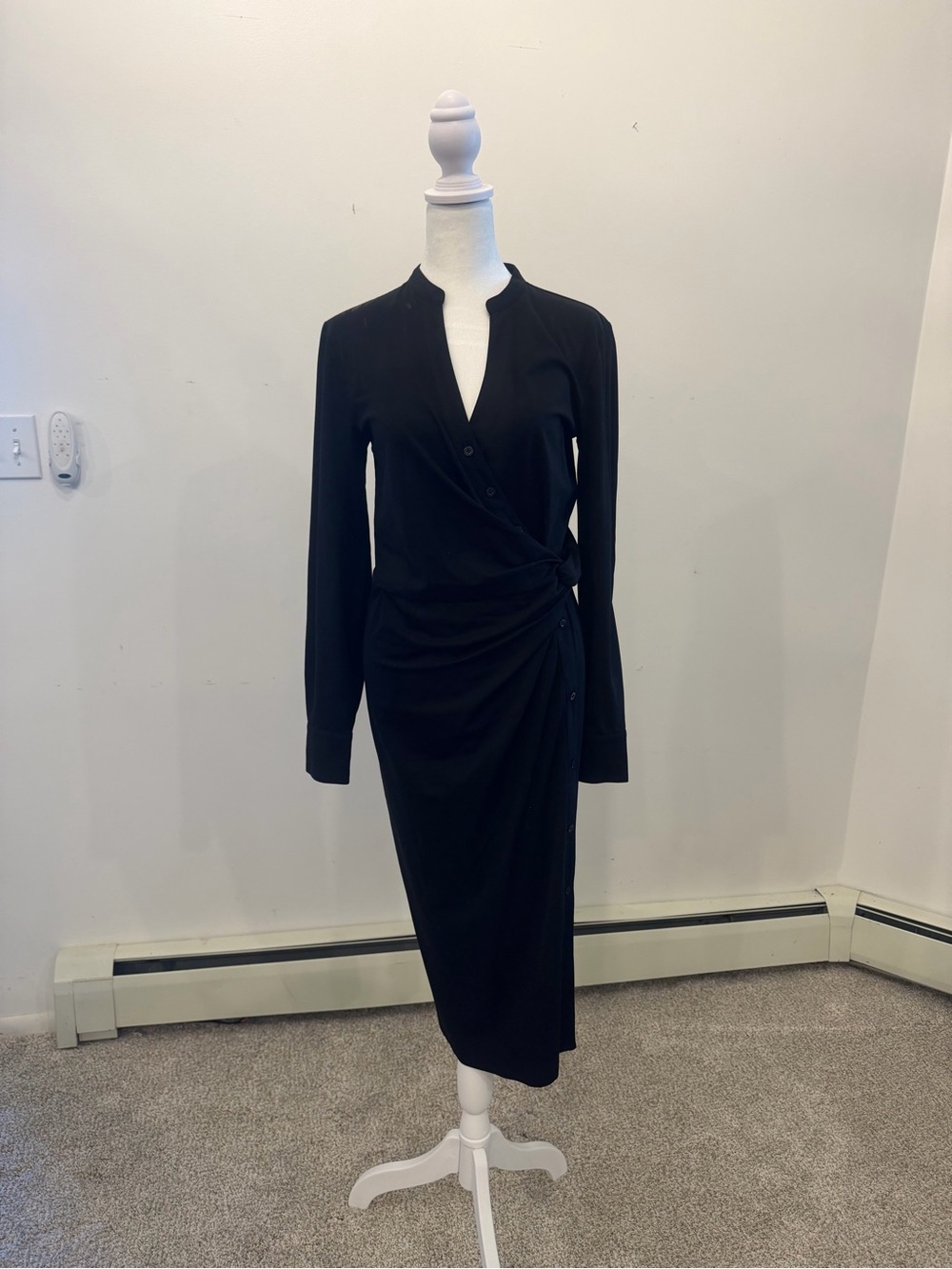 Ann Taylor Black Long-Sleeve Wrap-Front Midi Dress